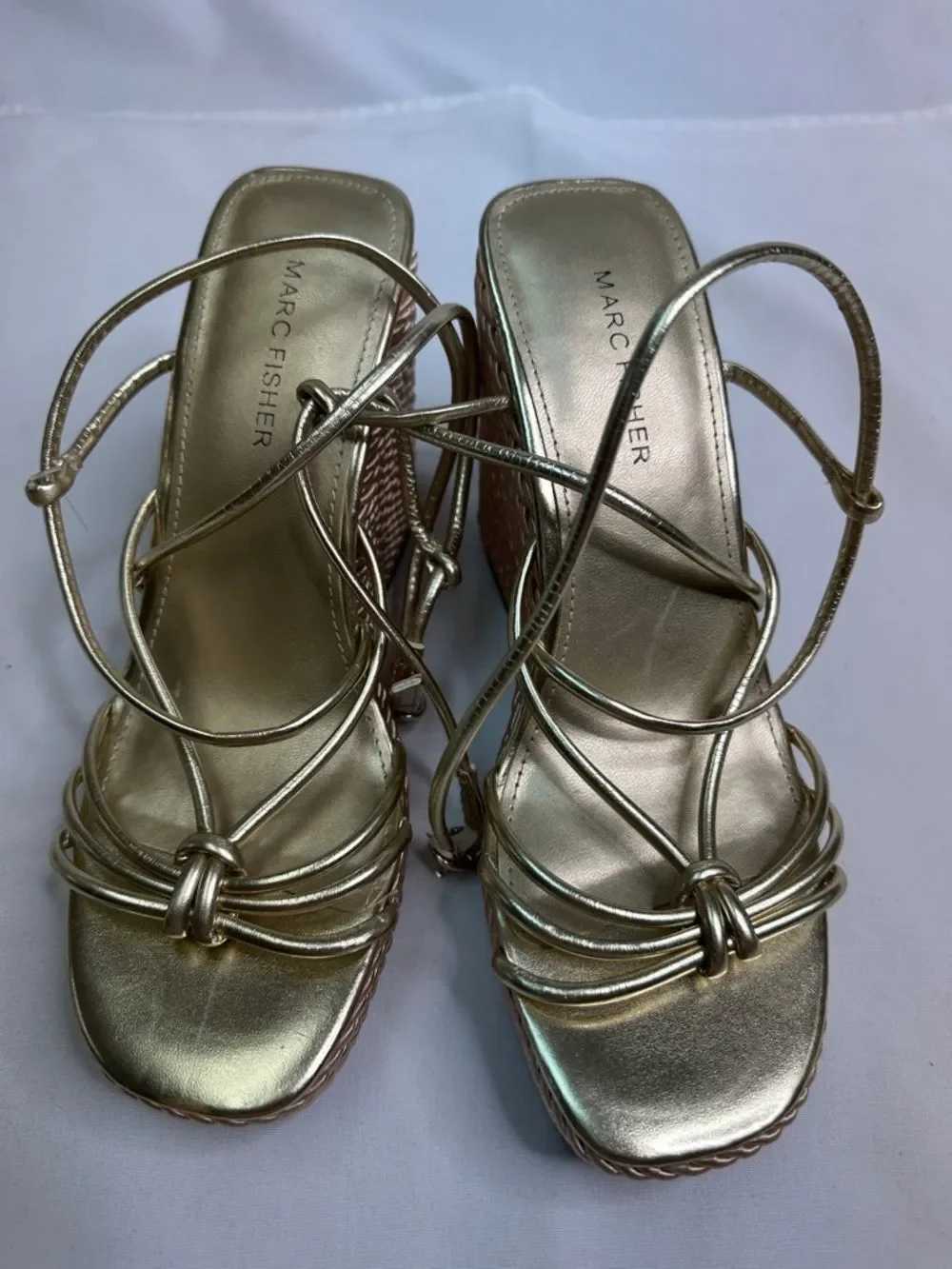 Marc Fisher Gold Metallic Strappy Wedge Sandals with Knot Detail